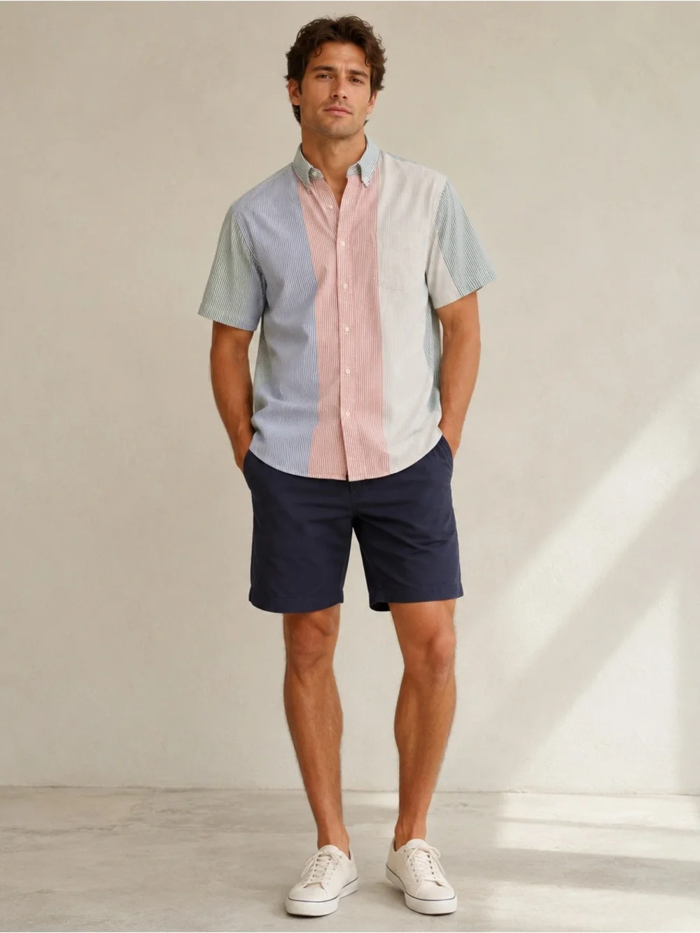 J.Crew Pima Cotton Stripe Oxford Shirt Men’s L Colorblock Short Sleeve Button Up